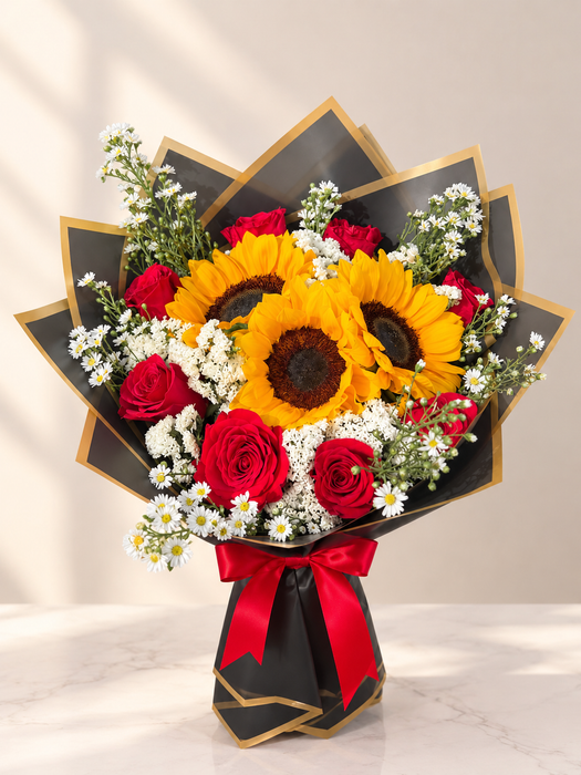 Ramo de rosas y girasoles “Golden Queen”