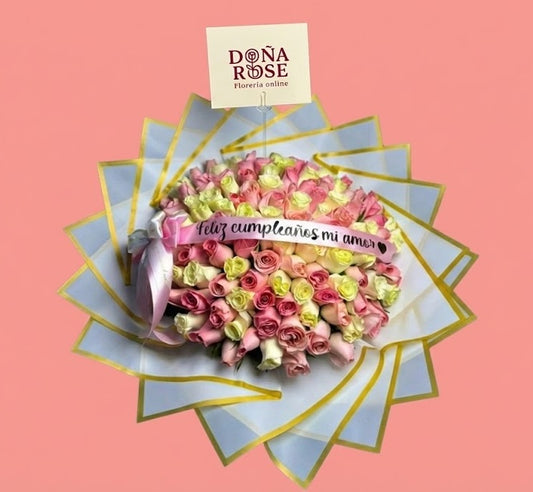 Ramo Buchón de 100 Rosas Rosado y Blanco “Feliz Cumpleaños Mi Amor”